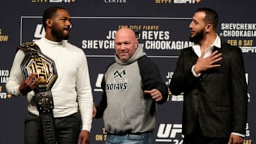 LAS VEGAS, NEVADA - DECEMBER 13: (L-R) UFC light heavyweight champion Jon Jones and Dominick Reyes face off during the UFC 247 press conference at T-Mobile Arena on December 13, 2019 in Las Vegas, Nevada. (Photo by Jeff Bottari/Zuffa LLC)