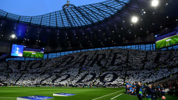 LONDON, ENGLAND - APRIL 09: The Tottenham Hotspur fans create a Tifo display prior to the UEFA Champions League Quarter Final first leg match between Tottenham Hotspur and Manchester City at Tottenham Hotspur Stadium on April 09, 2019 in London, England. (Photo by Dan Mullan/Getty Images)