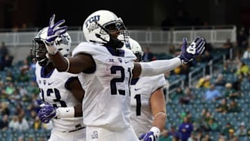 Nov 5, 2016; Waco, TX, USA; TCU Horned Frogs running back Kyle Hicks (21) celebrates a touchdown against the Baylor Bears during the second half at McLane Stadium. TCU won 62-22. Mandatory Credit: Ray Carlin-USA TODAY Sports