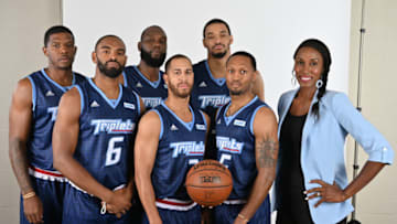 INDIANAPOLIS, INDIANA - JUNE 23: (from left) Joe Johnson, Alan Johnson, Al Jefferson, Jannero Pargo, Sergerio Gipson, Chris Johnson and head coach Lisa Leslie of the Triplets pose for a portrait prior to Week One of the BIG3 three on three basketball league at Bankers Life Fieldhouse on June 23, 2019 in Indianapolis, Indiana. (Photo by Jamie Sabau/BIG3/Getty Images)