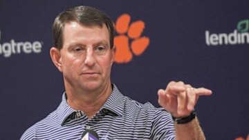 Clemson head coach Dabo Swinney speaks during midweek interviews at the Poe Indoor Facility in Clemson Tuesday, September 13, 2022.Clemson Football Midweek Interviews