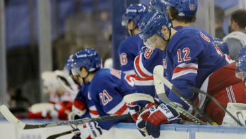 NEW YORK, NEW YORK - FEBRUARY 16: Julien Gauthier #12 of the New York Rangers reacts late in the third period against the New Jersey Devils at Madison Square Garden on February 16, 2021 in New York City.The New Jersey Devils defeated the New York Rangers 5-2. (Photo by Elsa/Getty Images)