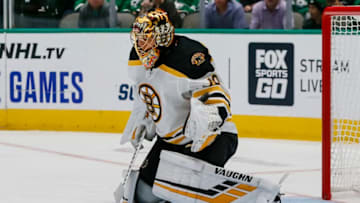 DALLAS, TX - OCTOBER 03: Boston Bruins goaltender Tuukka Rask (40) blocks a shot during the game between the Dallas Stars and the Boston Bruins on October 03, 2019 at American Airlines Center in Dallas, Texas. (Photo by Matthew Pearce/Icon Sportswire via Getty Images)