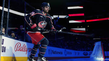 Mar 3, 2023; Columbus, Ohio, USA; Columbus Blue Jackets center Liam Foudy (19) takes the ice before the game against the Seattle Kraken at Nationwide Arena. Mandatory Credit: Jason Mowry-USA TODAY Sports
