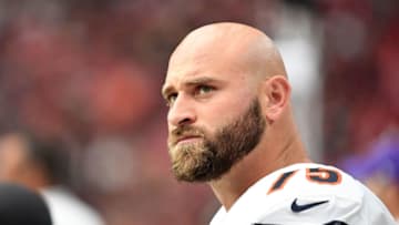 GLENDALE, AZ - SEPTEMBER 23: Offensive guard Kyle Long #75 of the Chicago Bears looks on from the bunch during the NFL game against the Arizona Cardinals at State Farm Stadium on September 23, 2018 in Glendale, Arizona. The Chicago Bears won 16-14. (Photo by Jennifer Stewart/Getty Images)