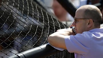 Feb 22, 2016; Tampa, FL, USA; New York Yankees general manager Brian Cashman watches batting practice at George M. Steinbrenner Stadium. Mandatory Credit: Butch Dill-USA TODAY Sports