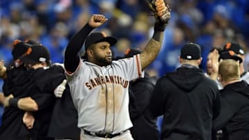 Oct 29, 2014; Kansas City, MO, USA; San Francisco Giants third baseman Pablo Sandoval celebrates after defeating the Kansas City Royals during game seven of the 2014 World Series at Kauffman Stadium. Mandatory Credit: Peter G. Aiken-USA TODAY Sports