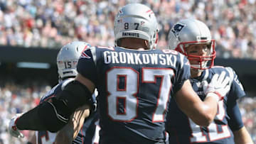 FOXBORO, MA - SEPTEMBER 24: Tom Brady #12 reacts with Rob Gronkowski #87 of the New England Patriots after a touchdown during the second quarter of a game against the Houston Texans at Gillette Stadium on September 24, 2017 in Foxboro, Massachusetts. (Photo by Maddie Meyer/Getty Images)