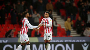 STOKE ON TRENT, ENGLAND - FEBRUARY 15: Goalscorer Jacob Brown (r) of Stoke City is congratulated by Tyrese Campbell during the Sky Bet Championship between Stoke City and Huddersfield Town at Bet365 Stadium on February 15, 2023 in Stoke on Trent, England. (Photo by Malcolm Couzens/Getty Images)