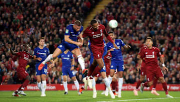 LIVERPOOL, ENGLAND - SEPTEMBER 26: Ross Barkley of Chelsea battles for possession with Joel Matip of Liverpool during the Carabao Cup Third Round match between Liverpool and Chelsea at Anfield on September 26, 2018 in Liverpool, England. (Photo by Darren Walsh/Chelsea FC via Getty Images)