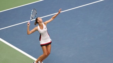 Sep 10, 2016; New York, NY, USA; Karolina Pliskova of the Czech Republic serves to Angelique Kerber of Germany in the championship match on day thirteen of the 2016 U.S. Open tennis tournament at USTA Billie Jean King National Tennis Center. Mandatory Credit: Anthony Gruppuso-USA TODAY Sports