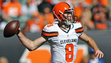 Oct 23, 2016; Cincinnati, OH, USA; Cleveland Browns quarterback Kevin Hogan (8) throws a pass against the Cincinnati Bengals in the first half at Paul Brown Stadium. Mandatory Credit: Aaron Doster-USA TODAY Sports