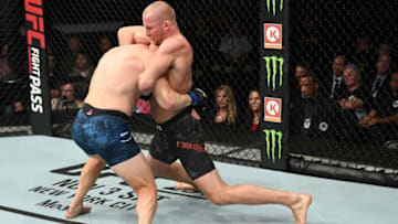 MONCTON, NB - OCTOBER 27: (R-L) Misha Cirkunov of Latvia defends against a takedown attempt by Patrick Cummins in their light heavyweight bout during the UFC Fight Night event inside Avenir Centre on October 27, 2018 in Moncton, New Brunswick, Canada. (Photo by Jeff Bottari/Zuffa LLC/Zuffa LLC via Getty Images)