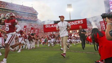 Sep 24, 2022; Norman, Oklahoma, USA; Oklahoma Sooners head coach Brent Venables runs onto the field before the game against the Kansas State Wildcats at Gaylord Family-Oklahoma Memorial Stadium. Mandatory Credit: Kevin Jairaj-USA TODAY Sports