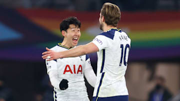 Tottenham Hotspur's English striker Harry Kane (R) celebrates with Tottenham Hotspur's South Korean striker Son Heung-Min (L) after scoring their fourth goal during the English Premier League football match between Tottenham Hotspur and Crystal Palace at Tottenham Hotspur Stadium in London, on March 7, 2021. (Photo by Julian Finney / POOL / AFP) / RESTRICTED TO EDITORIAL USE. No use with unauthorized audio, video, data, fixture lists, club/league logos or 'live' services. Online in-match use limited to 120 images. An additional 40 images may be used in extra time. No video emulation. Social media in-match use limited to 120 images. An additional 40 images may be used in extra time. No use in betting publications, games or single club/league/player publications. / (Photo by JULIAN FINNEY/POOL/AFP via Getty Images)