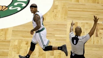 Apr 22, 2016; Boston, MA, USA; Boston Celtics guard Isaiah Thomas (4) reacts after his basket against the Atlanta Hawks in game three of the first round of the NBA Playoffs at TD Garden. Mandatory Credit: David Butler II-USA TODAY Sports