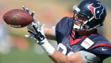 Aug 20, 2014; Englewood, CO, USA; Houston Texans tight end Garrett Graham (88) catches a pass during scrimmage against the Denver Broncos at the Broncos Headquarters. Mandatory Credit: Kirby Lee-USA TODAY Sports