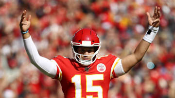 KANSAS CITY, MISSOURI - OCTOBER 13: Patrick Mahomes #15 of the Kansas City Chiefs signals for a touchdown during the first quarter against the Houston Texans at Arrowhead Stadium on October 13, 2019 in Kansas City, Missouri. (Photo by Jamie Squire/Getty Images)