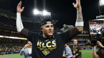 Manny Machado #13 of the San Diego Padres celebrates defeating the Los Angeles Dodgers 5-3 in game four of the National League Division Series at PETCO Park on October 15, 2022 in San Diego, California. (Photo by Harry How/Getty Images)