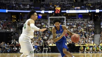 March 24, 2016; Anaheim, CA, USA; Duke Blue Devils guard Brandon Ingram (14) moves the ball against Oregon Ducks forward Dillon Brooks (24) during the second half of the semifinal game in the West regional of the NCAA Tournament at Honda Center. Mandatory Credit: Richard Mackson-USA TODAY Sports