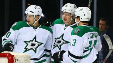 Jan 3, 2016; Brooklyn, NY, USA; Dallas Stars right wing Valeri Nichushkin (43) is congratulated by his teammates after scoring a third period goal as New York Islanders goaltender Thomas Greiss (1) looks away at Barclays Center. The Islanders defeated the Stars 6-5. Mandatory Credit: Andy Marlin-USA TODAY Sports