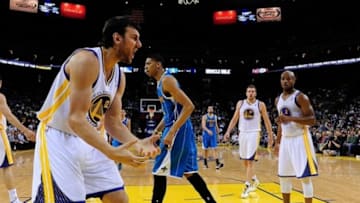April 3, 2013; Oakland, CA, USA; Golden State Warriors center Andrew Bogut (12) reacts after being called for a foul during the second quarter against the New Orleans Hornets at Oracle Arena. The Warriors defeated the Hornets 98-88. Mandatory Credit: Kyle Terada-USA TODAY Sports
