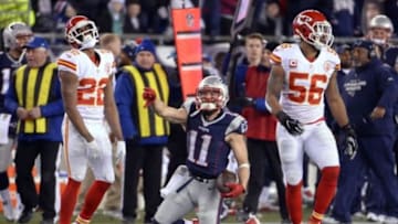Jan 16, 2016; Foxborough, MA, USA; New England Patriots wide receiver Julian Edelman (11) reacts after a first down during the fourth quarter against the Kansas City Chiefs in the AFC Divisional round playoff game at Gillette Stadium. Mandatory Credit: Robert Deutsch-USA TODAY Sports
