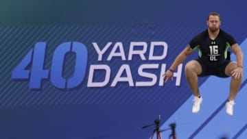 Feb 26, 2016; Indianapolis, IN, USA; Cincinnati Bearcats offensive lineman Parker Ehringer jumps to stretch his legs before running the 40 yard dash during the 2016 NFL Scouting Combine at Lucas Oil Stadium. Mandatory Credit: Brian Spurlock-USA TODAY Sports