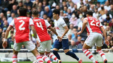 Arsenal defenders surround Tottenham Hotspur's South Korean striker Son Heung-Min (2nd R) during the pre-season friendly football match between Tottenham Hotspur and Arsenal at Tottenham Hotspur Stadium in London on August 8, 2021. - RESTRICTED TO EDITORIAL USE. No use with unauthorized audio, video, data, fixture lists, club/league logos or 'live' services. Online in-match use limited to 75 images, no video emulation. No use in betting, games or single club/league/player publications. (Photo by Glyn KIRK / AFP) / RESTRICTED TO EDITORIAL USE. No use with unauthorized audio, video, data, fixture lists, club/league logos or 'live' services. Online in-match use limited to 75 images, no video emulation. No use in betting, games or single club/league/player publications. / RESTRICTED TO EDITORIAL USE. No use with unauthorized audio, video, data, fixture lists, club/league logos or 'live' services. Online in-match use limited to 75 images, no video emulation. No use in betting, games or single club/league/player publications. (Photo by GLYN KIRK/AFP via Getty Images)