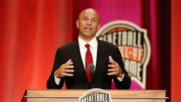 SPRINGFIELD, MA - SEPTEMBER 07: Naismith Memorial Basketball Hall of Fame Class of 2018 enshrinee Jason Kidd speaks during the 2018 Basketball Hall of Fame Enshrinement Ceremony at Symphony Hall on September 7, 2018 in Springfield, Massachusetts. (Photo by Maddie Meyer/Getty Images)