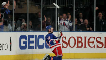 NEW YORK, NY - APRIL 28: Chris Kreider #20 of the New York Rangers celebrates his third period goal in Game One of the Eastern Conference Semifinals against the Washington Capitals during the 2012 NHL Stanley Cup Playoffs at Madison Square Garden on April 28, 2012 in New York City. (Photo by Bruce Bennett/Getty Images)