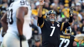 Nov 8, 2015; Pittsburgh, PA, USA; Pittsburgh Steelers quarterback Ben Roethlisberger (7) celebrates a touchdown against the Oakland Raiders during the second half at Heinz Field. The Steelers won the game, 38-35. Mandatory Credit: Jason Bridge-USA TODAY Sports