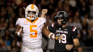 COLUMBIA, SC - OCTOBER 27: Kyle Phillips #5 of the Tennessee Volunteers reacts after a call alongside Jake Bentley #19 of the South Carolina Gamecocks during their game at Williams-Brice Stadium on October 27, 2018 in Columbia, South Carolina. (Photo by Streeter Lecka/Getty Images)