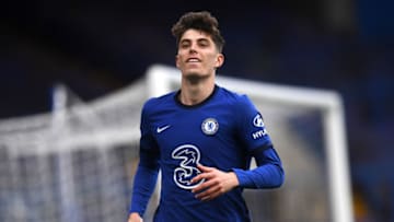 LONDON, ENGLAND - MAY 01: Kai Havertz of Chelsea celebrates after scoring their team's second goal during the Premier League match between Chelsea and Fulham at Stamford Bridge on May 01, 2021 in London, England. Sporting stadiums around the UK remain under strict restrictions due to the Coronavirus Pandemic as Government social distancing laws prohibit fans inside venues resulting in games being played behind closed doors. (Photo by Neil Hall - Pool/Getty Images)