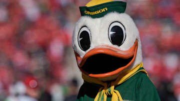 SALT LAKE CITY, UT - NOVEMBER 19: The Fighting Duck, the Oregon Ducks mascot, performs during the game between the Oregon Ducks and the Utah Utes at Rice-Eccles Stadium on November 19, 2016 in Salt Lake City, Utah. (Photo by Gene Sweeney Jr/Getty Images)