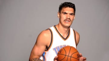 Sep 29, 2014; Oklahoma City, OK, USA; Oklahoma City Thunder center Steven Adams (12) poses during media day at Chesapeake Energy Arena. Mandatory Credit: Mark D. Smith-USA TODAY Sports