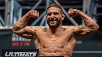 10 December 2015; Chad Mendes weighs in ahead of his featherweight bout against Frankie Edgar. The Ultimate Fighter Finale: Weigh-In, MGM Grand Garden Arena, Las Vegas, USA. Picture credit: Ramsey Cardy / SPORTSFILE (Photo by Sportsfile/Corbis via Getty Images)
