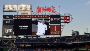 Sep 23, 2015; Washington, DC, USA; A video tribute for Yogi Berra is shown on the score board during a moment of silence before the game between the Washington Nationals and the Baltimore Orioles at Nationals Park. Mandatory Credit: Tommy Gilligan-USA TODAY Sports