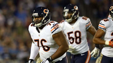 Nov 9, 2015; San Diego, CA, USA; Chicago Bears nose tackle Bruce Gaston (76) and outside linebacker Jonathan Anderson (58) come off the field during the second quarter against the San Diego Chargers at Qualcomm Stadium. Mandatory Credit: Jake Roth-USA TODAY Sports