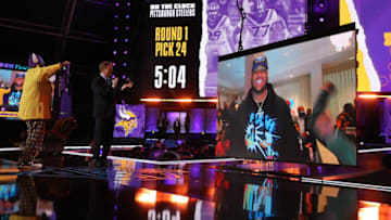 CLEVELAND, OHIO - APRIL 29: NFL Commissioner Roger Goodell announces Christian Darrisaw as the 23rd selection by the Minnesota Vikings during round one of the 2021 NFL Draft at the Great Lakes Science Center on April 29, 2021 in Cleveland, Ohio. (Photo by Gregory Shamus/Getty Images)