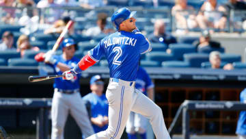 NEW YORK, NY - JULY 05: Troy Tulowitzki #2 of the Toronto Blue Jays follows through on a seventh inning single against the New York Yankees at Yankee Stadium on July 5, 2017 in the Bronx borough of New York City. The Blue Jays defeated the Yankees 7-6. (Photo by Jim McIsaac/Getty Images)