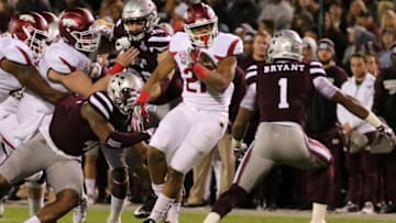 STARKVILLE, MS - NOVEMBER 19: Arkansas Razorbacks linebacker Josh Williams (21) carries the ball in the first quarter of the game between the Arkansas Razorbacks and the Mississippi State Bulldogs on November 19, 2016. Arkansas defeated Mississippi State by the score of 58-42 at Davis Wade Stadium in Starkville, MS. (Photo by Michael Wade/Icon Sportswire via Getty Images)