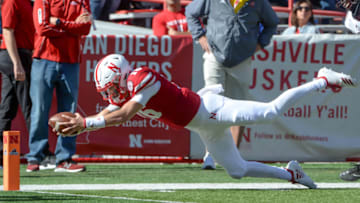 LINCOLN, NE - OCTOBER 27: Quarterback Noah Vedral #16 of the Nebraska Cornhuskers reaches for a touchdown against the Bethune Cookman Wildcats in the second half at Memorial Stadium on October 27, 2018 in Lincoln, Nebraska. (Photo by Steven Branscombe/Getty Images)