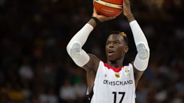 29 June 2018, Germany, Braunschweig, Basketball, World Cup Qualification, Germany vs Austria, First Round, Group G, 5th Matchday: Germany's Dennis Schroeder. Photo: Swen Pförtner/dpa (Photo by Swen Pförtner/picture alliance via Getty Images)