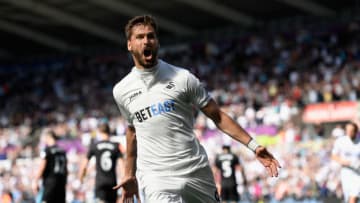 SWANSEA, WALES - MAY 21: Swansea player Fernando Llorente celebrates his and the winning goal during the Premier League match between Swansea City and West Bromwich Albion at Liberty Stadium on May 21, 2017 in Swansea, Wales. (Photo by Stu Forster/Getty Images)