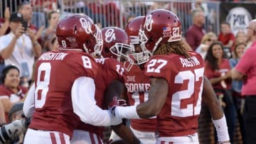 Oct 29, 2016; Norman, OK, USA; The Oklahoma Sooners celebrate a touchdown by Oklahoma Sooners wide receiver Dede Westbrook (11) against the Kansas Jayhawks during the first quarter at Gaylord Family - Oklahoma Memorial Stadium. Mandatory Credit: Mark D. Smith-USA TODAY Sports