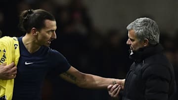 Paris Saint-Germain's Swedish midfielder Zlatan Ibrahimovic speaks with Chelsea's Portuguese manager Jose Mourinho (R) at the end of the UEFA Champions League round of 16 football match between Paris Saint-Germain (PSG) and Chelsea at the Parc des Princes stadium in Paris on February 17, 2015. AFP PHOTO / FRANCK FIFE (Photo credit should read FRANCK FIFE/AFP/Getty Images)