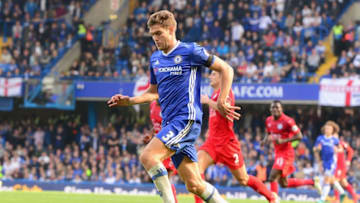 LONDON, ENGLAND - OCTOBER 15: Marcos Alonso of Chelschallenges in action during the Premier League match between Chelsea and Leicester City at Stamford Bridge on October 15, 2016 in London, England. (Photo by Darren Walsh/Chelsea FC via Getty Images)