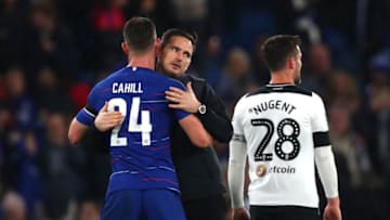 LONDON, ENGLAND - OCTOBER 31: Frank Lampard of Derby County embraces Gary Cahill of Chelsea after the Carabao Cup Fourth Round match between Chelsea and Derby County at Stamford Bridge on October 31, 2018 in London, England. (Photo by Clive Rose/Getty Images)