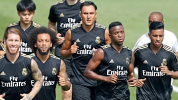 MONTREAL, CANADA - JULY 10: Sergio Ramos of Real Madrid, Marcelo Vieira of Real Madrid, Keylor Navas of Real Madrid, Vinicius Jr. of Real Madrid, Rodrygo of Real Madrid, Takefusa Kubo of Real Madrid look on during the Real Madrid Pre-Season Training Camp on July 10, 2019 in Montreal, Canada. (Photo by TF-Images/Getty Images)